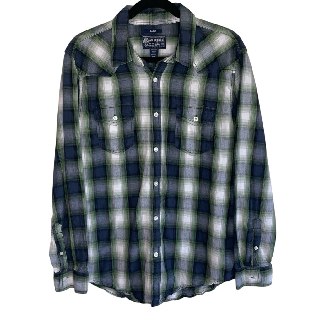 American Rag Blue & Green Plaid Collared Long Sleeve Casual Button Down Shirt